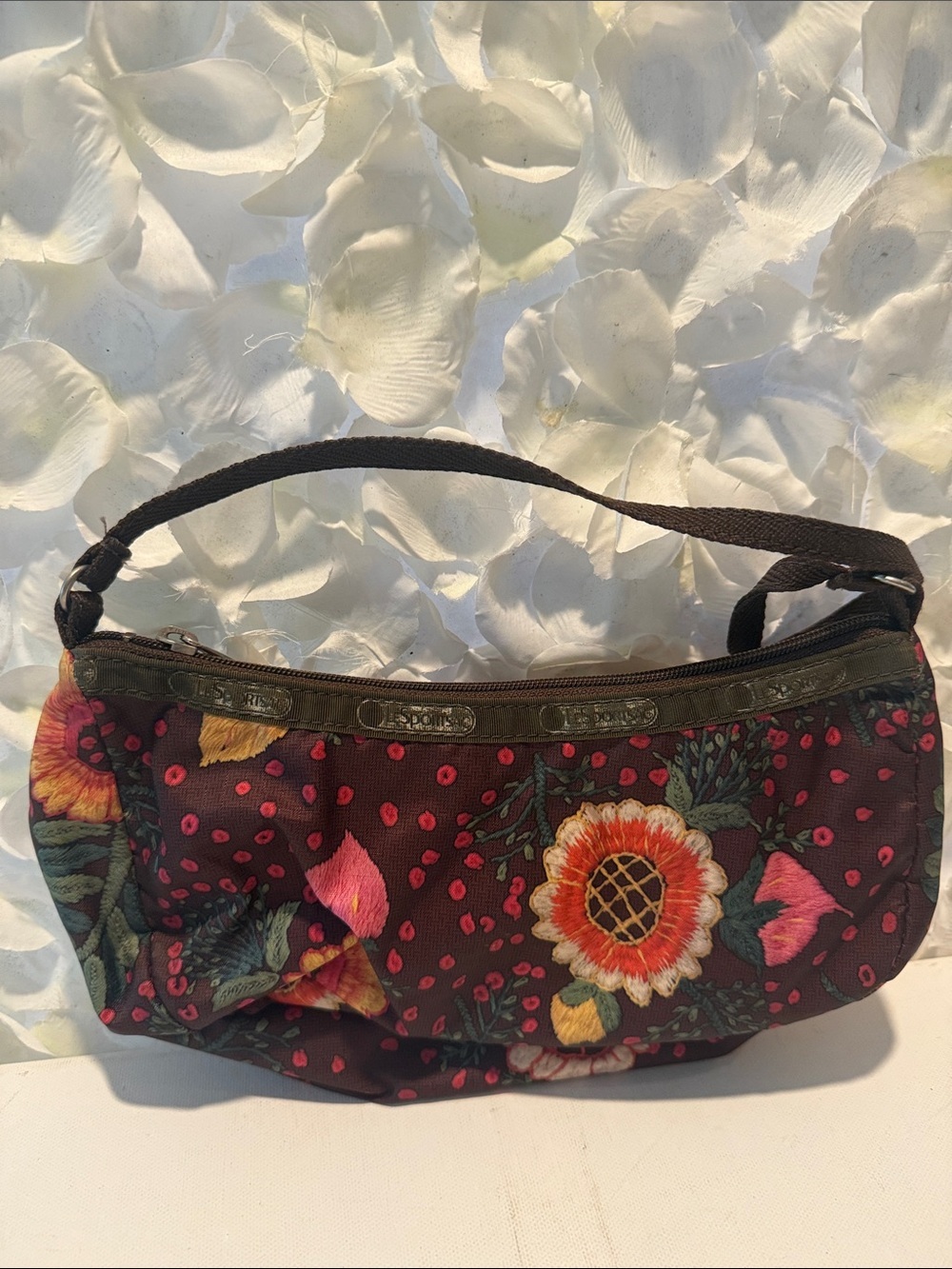 Lesportsac Floral Embroidered Shoulder Bag - Brown with Pink & Yellow Accents